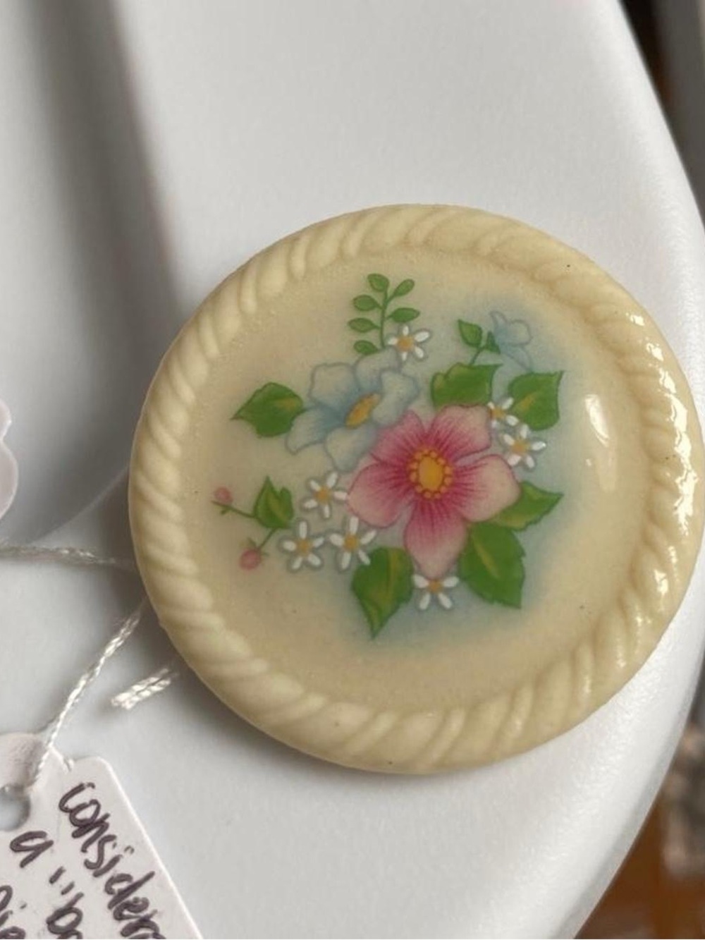 Vintage Signed AVON 1984 Book Piece Handpainted Floral Porcelain Pink Brooch Pin